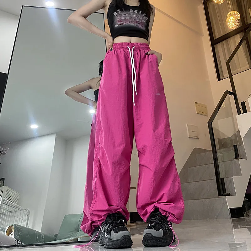 

Women's Bottoms Rose Drawstring Sweatpants Y2k Clothing High Waist Straight Mopping Pants Fashion Solid Baggy Wide Leg Trouser