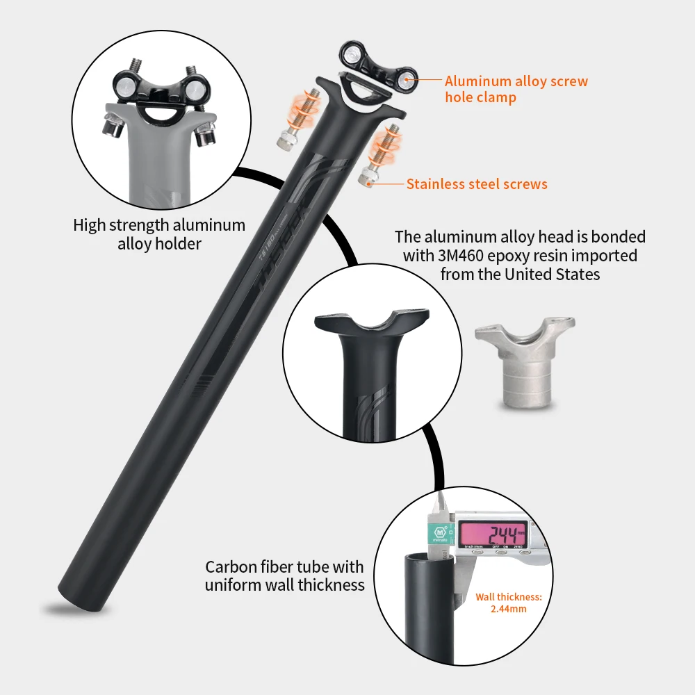 TOSEEK ZF-One Carbon bike seat post 27.2/30.8/31.6mm Matte Black MTB/Road Bike Length 280mm Seat Tube Bicycle Parts