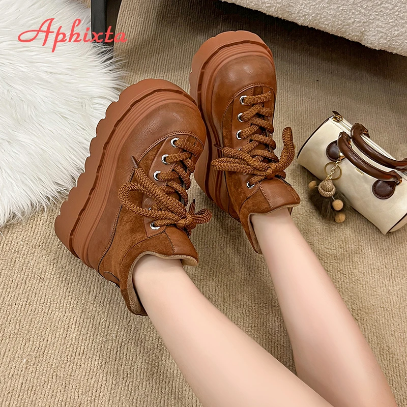 Aphixta New Winter Wedges Heel Woman Ankle Boots Platform Faux Suede Chunky Heel Woman Shoes Warm Short Plush Lady Footwear
