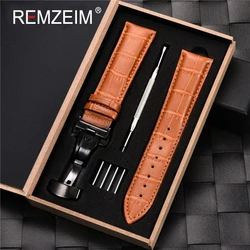 Premium Leather Watch Band with Stainless Steel Butterfly Clasp and Gift Box - 22mm (Light Brown - B)