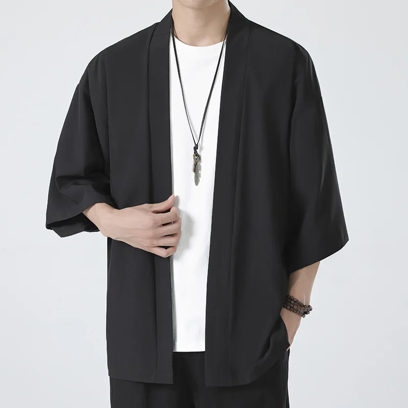 Oversize Men Japanese Kimono Cardigan Spring Summer Half Sleeve Yukata Haori Jacket Casual Black Shirt Tops Robe Streetwear 5XL