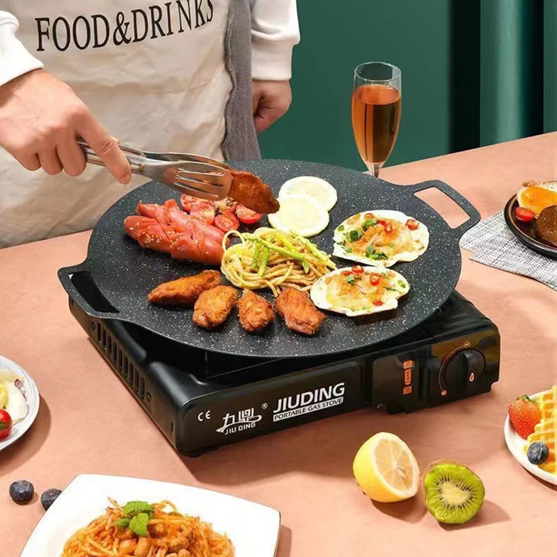 

34cm Korean Nonstick Frying Pan Outdoor Cast Iron BBQ Plate Camping Grill Pan Barbecue Multifunction Frying Pan Fried Steak