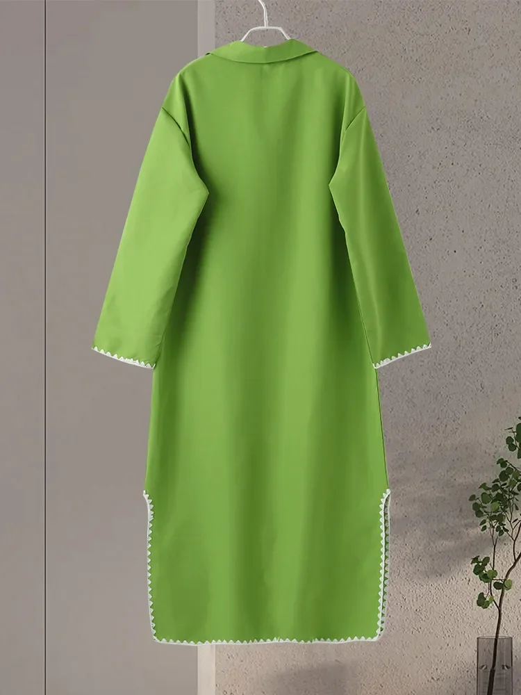 Elegant Abaya Womem Loose Lapel Long Sleeves Side Split Robe Female Cuff Embroidery Contrast Fashion Solid V-neck Dress Lady