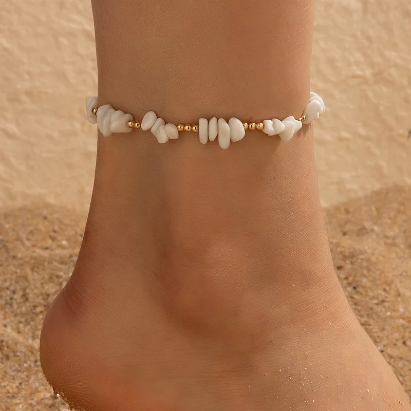 Anklet Bracelet Set Women Boho Shell Charm Crushed Stone Chain silver anklet bracelet ankle chains beads anklet fashion accessories For Women