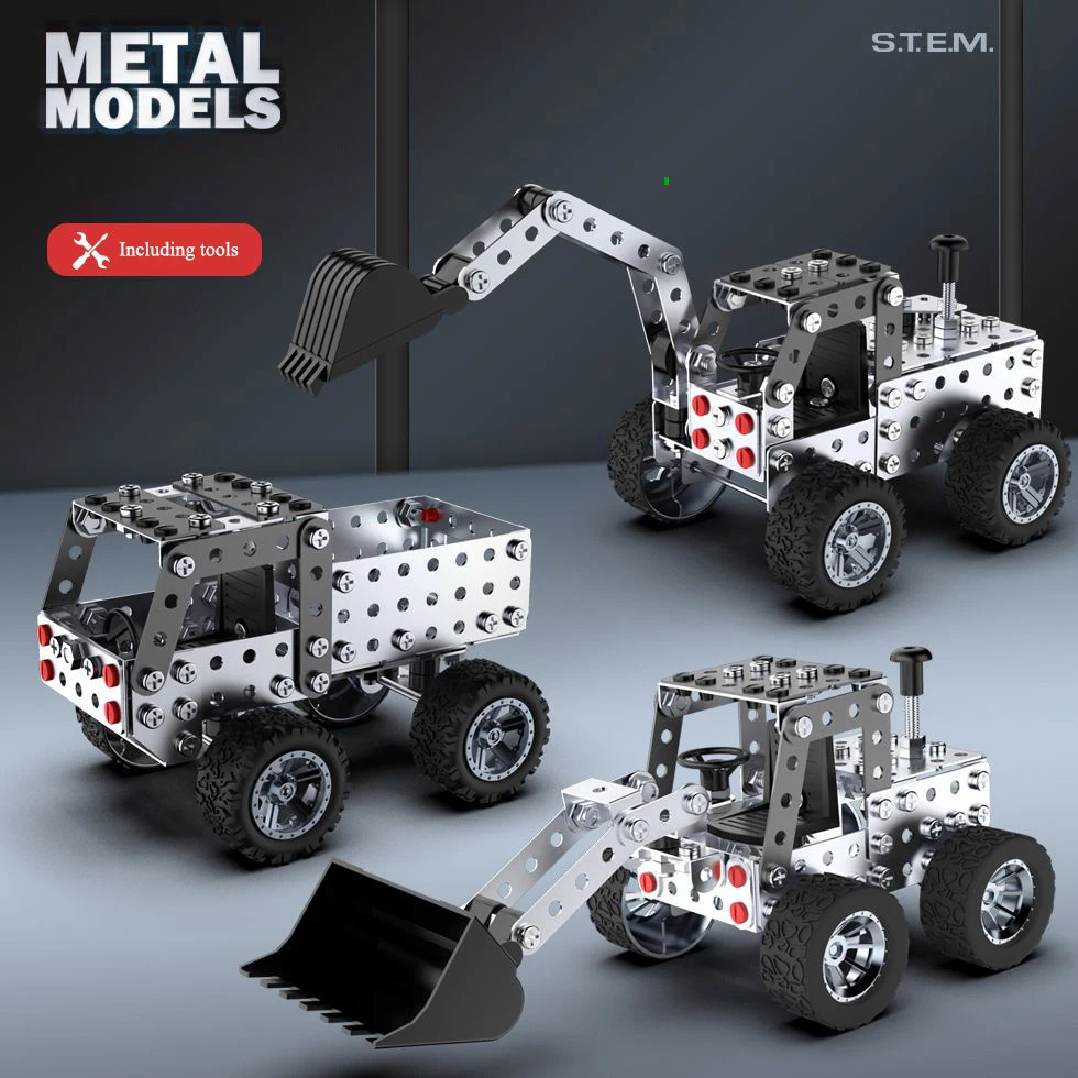 Assemble Toy Building Block Toy Metal Assembly Block Toy Simulation Forklift Excavator Car Model Children DIY Screws And Nuts Assembly Vehicle Boys Gifts