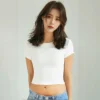 4 pieces Solid color basic short sleeved tight fitting T-shirt for women's casual summer minimalist women's style top O-neck 5