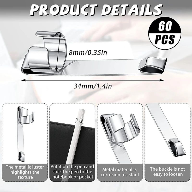 Metal Pencil Clips Slide on Pencil Pocket Clips Snap in, Holder Clip Metal Hangable Portable Clips, 60 Pcs