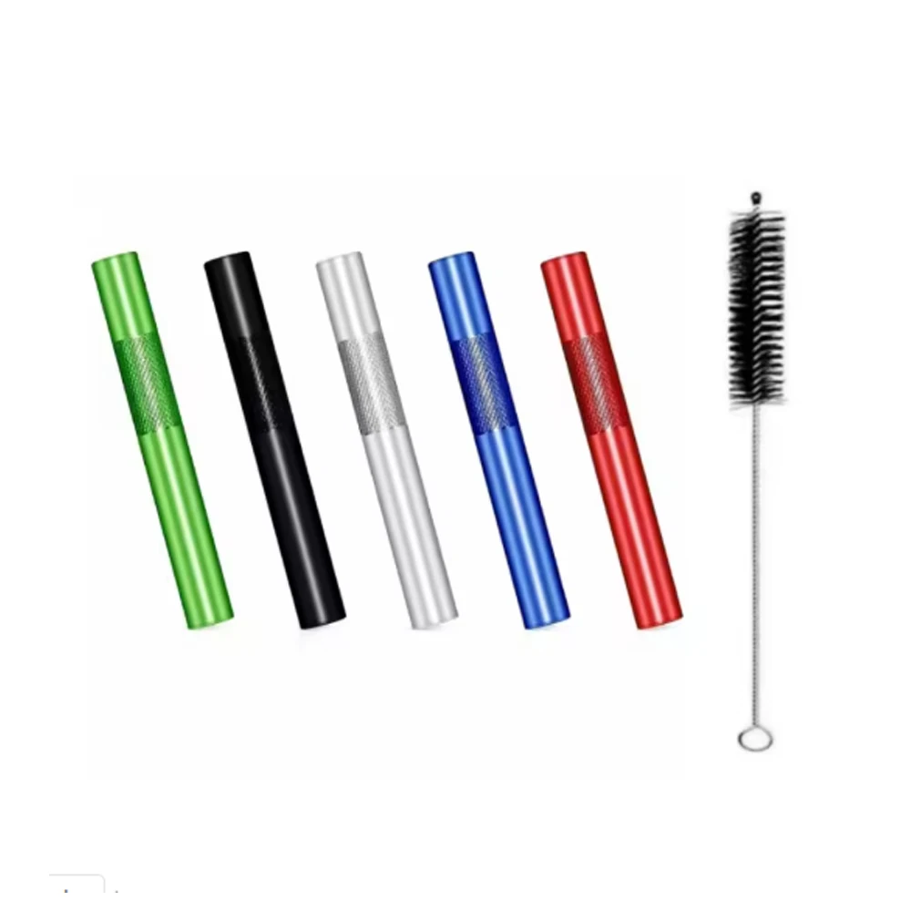 5pcs Aluminium Alloy Tube With 1pcs Cleaning Brushes High Quality Metal Straw Cool Gadget for Men 5