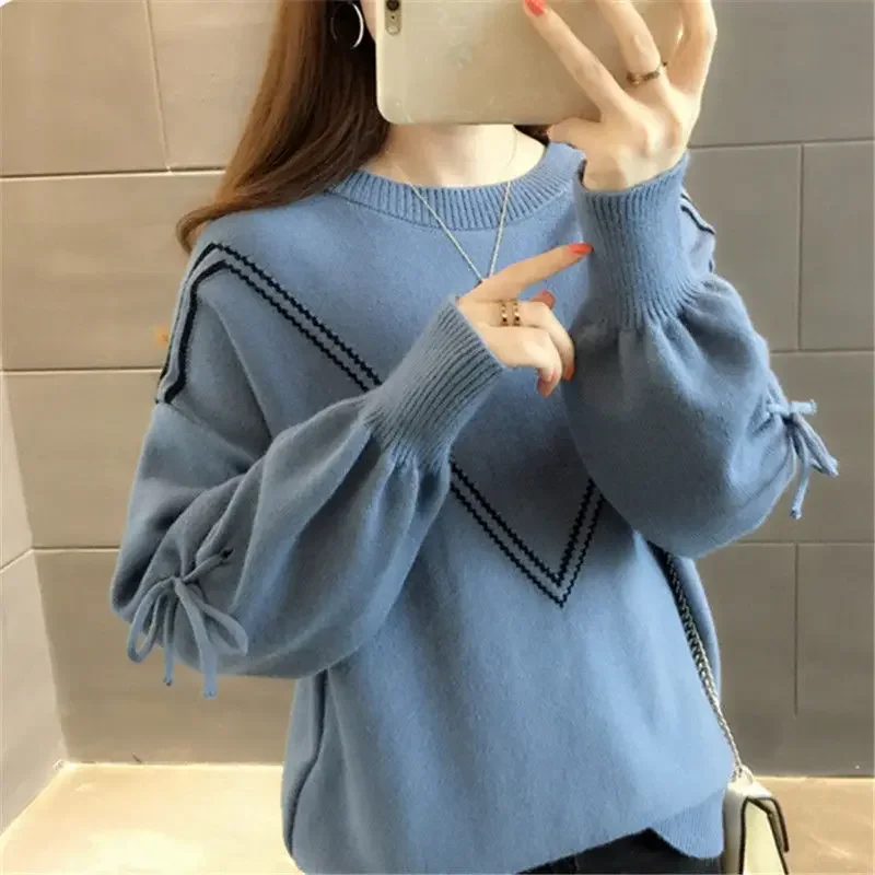 

Blue Striped Round O Neck Knit Tops for Woman Pullovers Black Women's Sweater 90s Vintage New in Sale Economics Y2k Cold Winter