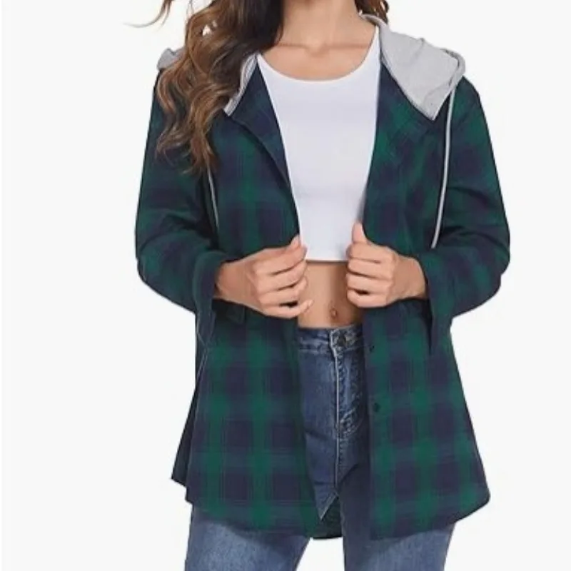 Autumn and Winter Women's Hooded Plaid Drawstring Button Contrast Pocket Long Sleeve Cardigan Shirt Coat Fashion Casual Tops