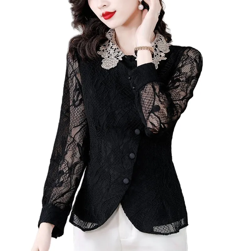 

4XL Women Spring Summer Blouses Turn-down Collar Lady Fashion Casual Shirts Lace Long Sleeve Solid Color Clothing Tops WY0903