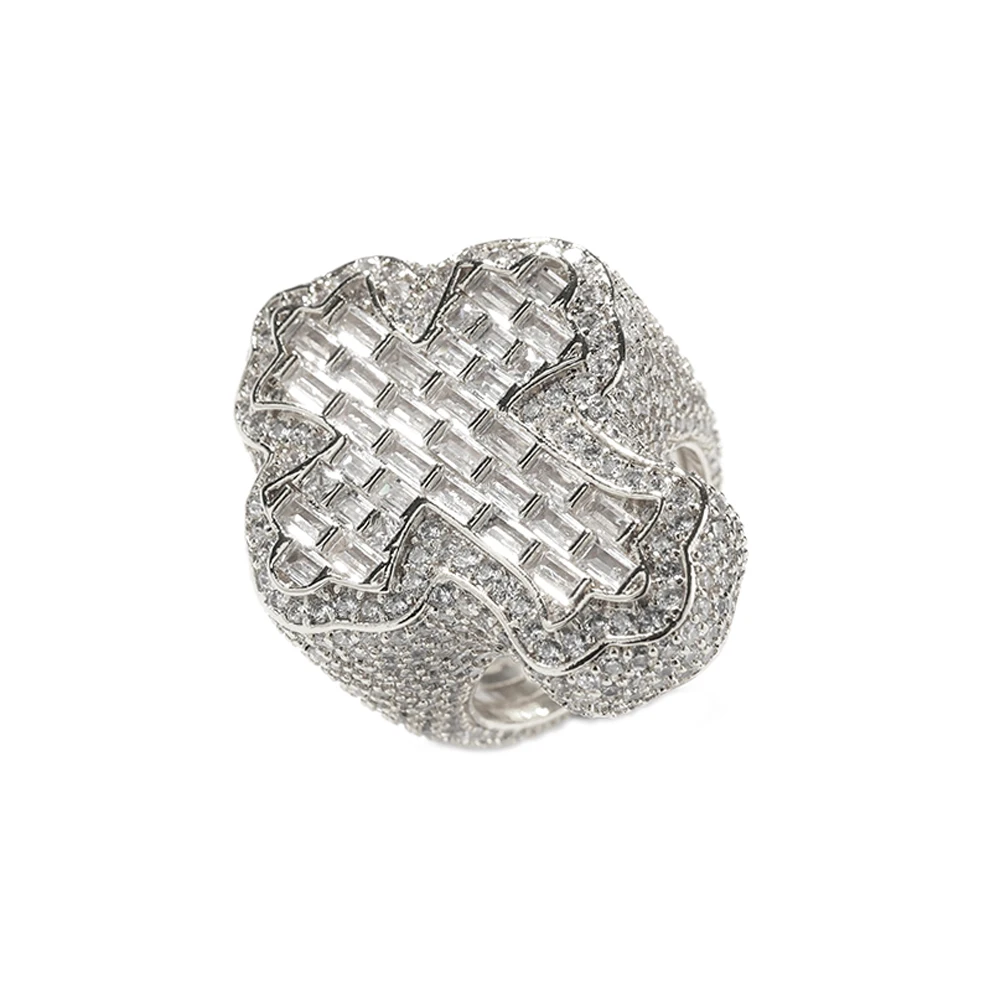 Iced Out Bling Cross Finger Ring Silver Color Cubic Zirconia Prong Setting CZ Stone Luxulry Men Women Hip Hop Fashion Jewelry 2