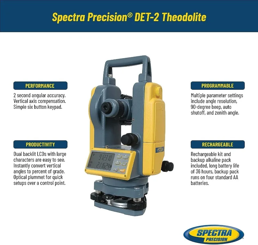 DET-2 Digital Electronic Theodolite Construction Surveying Equipment Set Rechargeable and Alkaline Batteries Carry Case