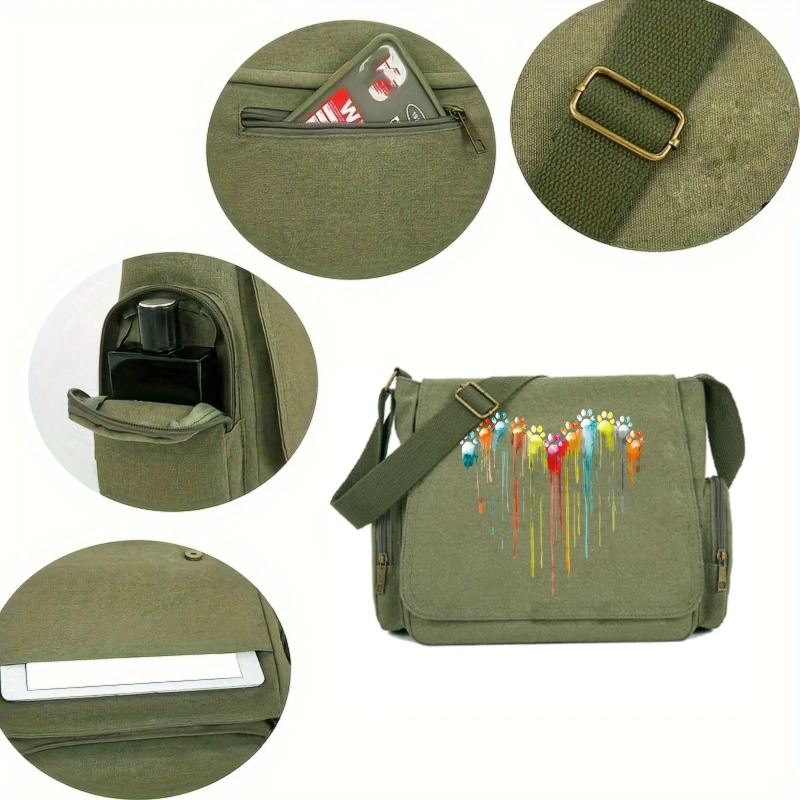 Casual Women's Shoulder Bag Canvas Laptop Bag Paw Print Crossbody Bag Large Capacity Daily Use Messenger Bag