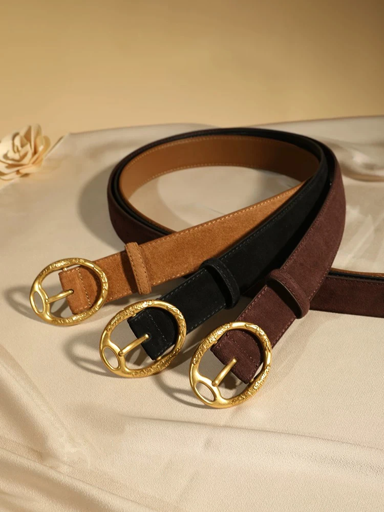 Damen-Gürtel aus Wildleder mit goldener Schnalle, neuer modischer Herbst/Winter-Gürtel für Kleid, Jeans und Hosen