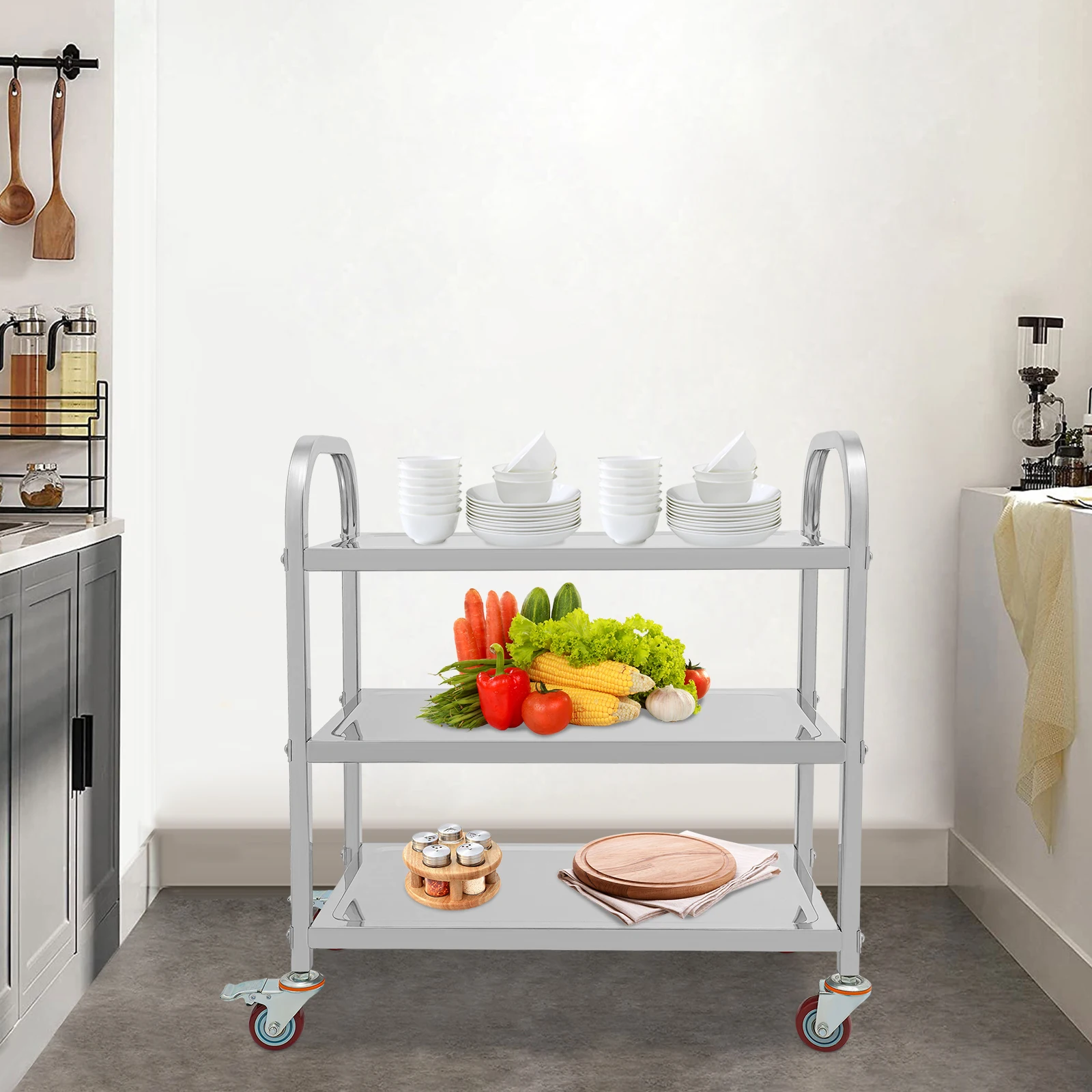 3 Tier Stainless Steel Kitchen Trolley Cart Kitchen Cart Rolling Storage Shelf Utility Serving Storage Rolling Car Shelf