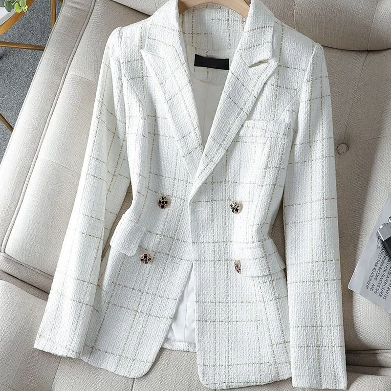 

Tweed White Plaid Long-sleeved Top Jacket Women's Autumn and Winter New Korean Style Fashionable Elegant Loose Casual Suit ZL426