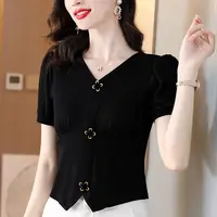 Elegant Women All-match Irregular T-shirt Summer Tees French Fashion Office Lady Solid Chic Cross Button Short Sleeve Slim Tops - Image 4