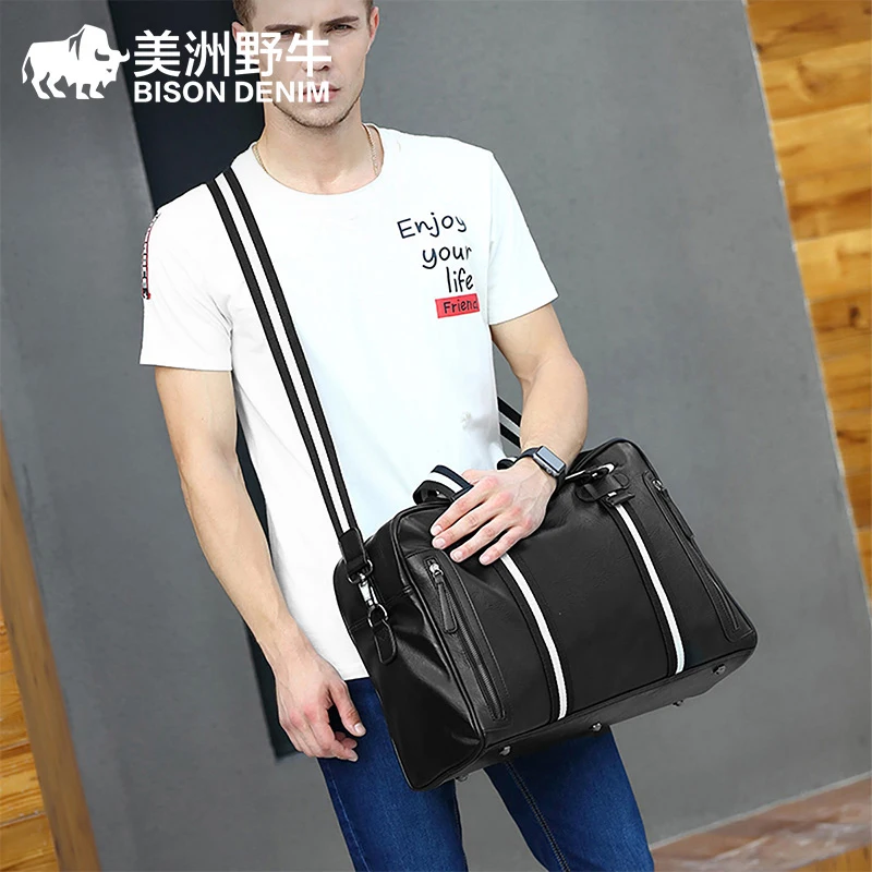 BISON DENIM Leather Travel Bag Large Capacity Duffle Fitness Bags Handbag Shoulder Bags Women Men Business Carry-on Luggage Bag