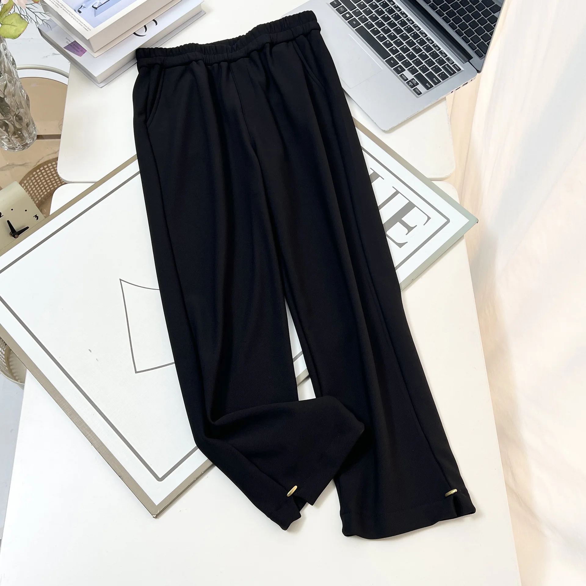 XXXXL Fashion Plus Size Women's Straight Pants Autumn Winter Style Simple Slit Cuffs With Fleece Casual Ankle-Length Trousers