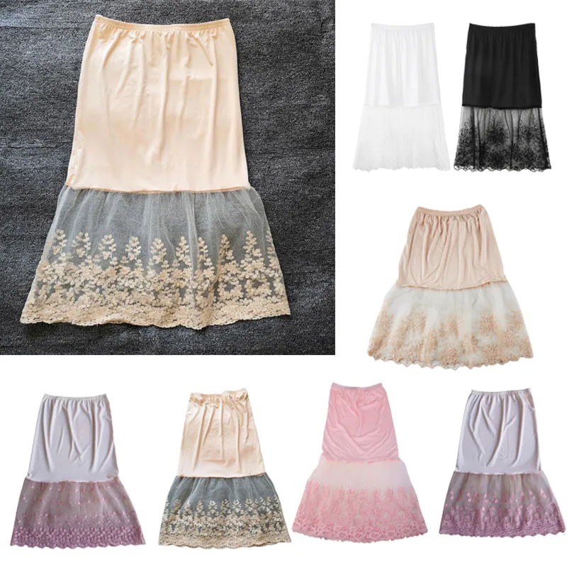 Lace Half Slip Skirts Extender Elastic Waist A-line Hollow Petticoat Underskirt
