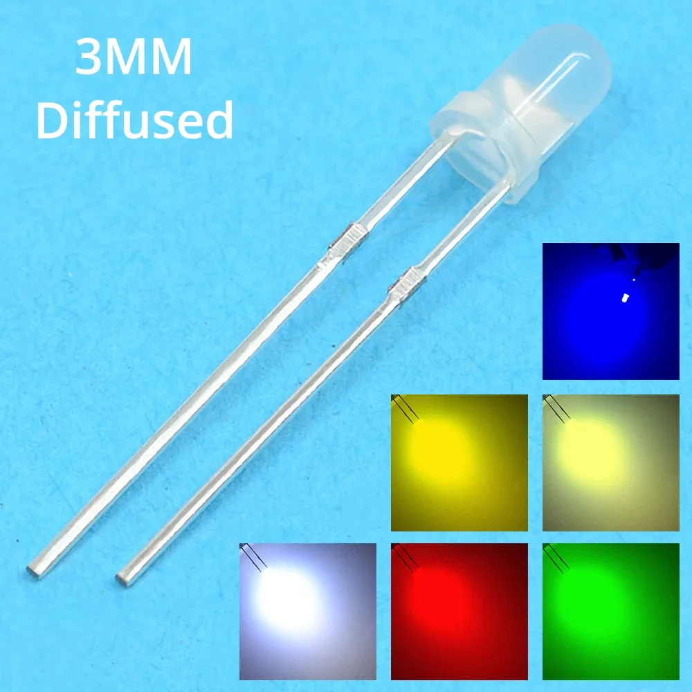 100Pcs Warm-White Red Blue Green Yellow White F3 3mm Round Diffused 2pin DIY Lights Emitting Diodes LED Diode Lamp Bulbs Beads