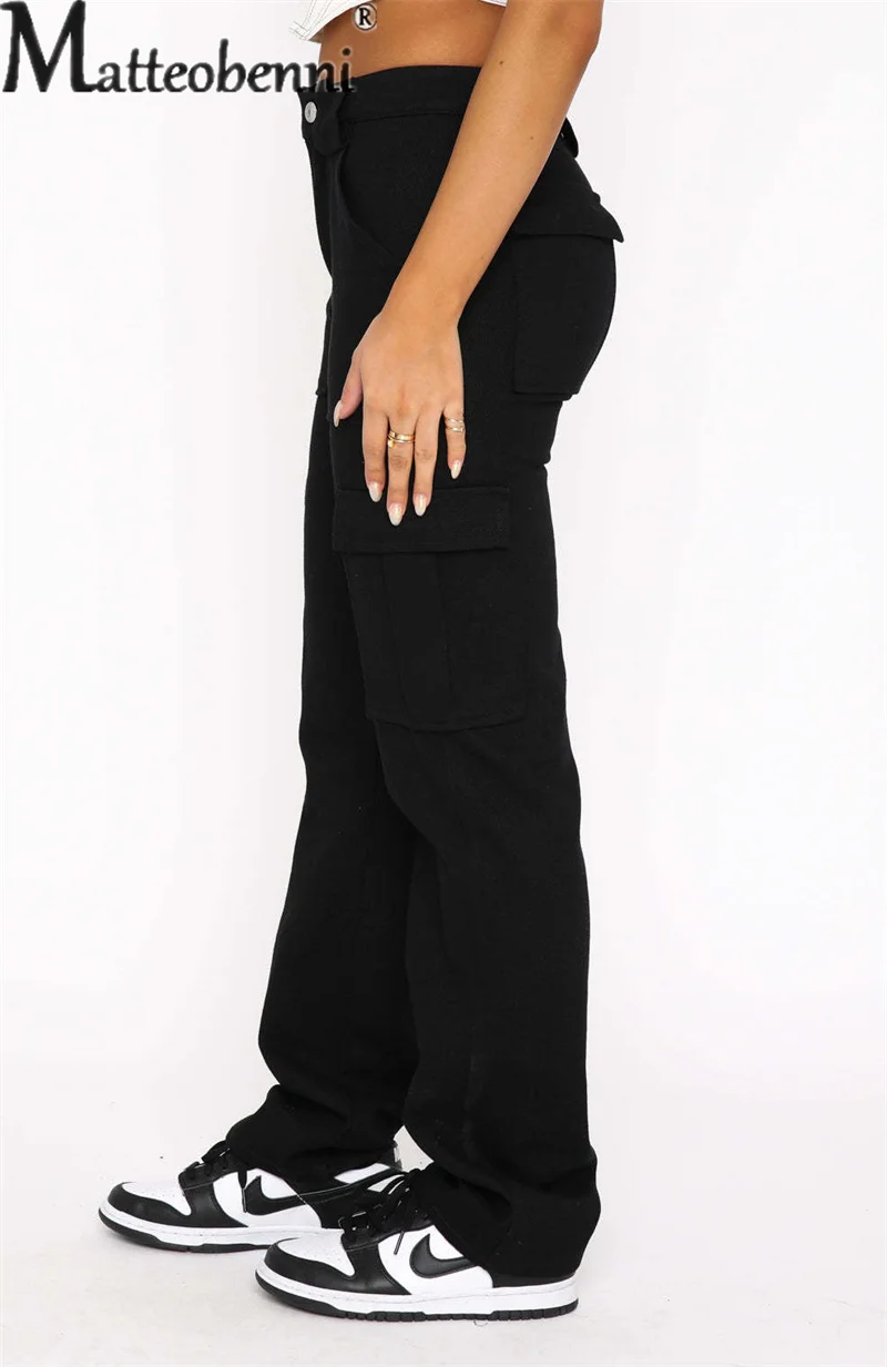 Women Casual Multi-pocket Splice Straight Jeans Fashion Casual Loose Mid Waist Denim Pants Ladies Trend Workwear Style Trousers