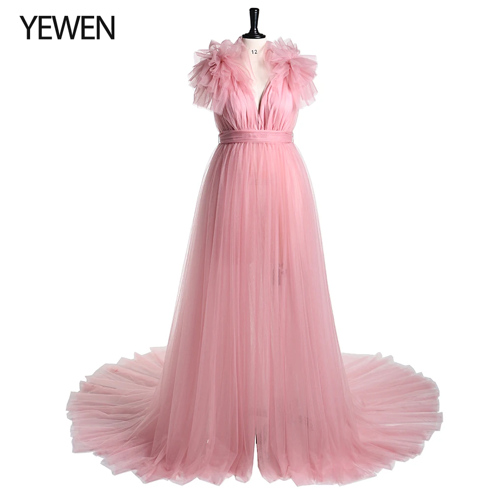 

Double V Neck Maternity Dress Long Robe for Photoshoot Shoulder Ruffles Photography Maxi Gown Baby Shower Dress YEWEN YD217051