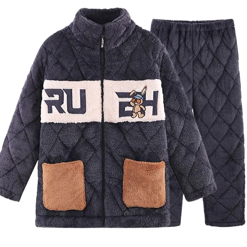 2024 New Pajamas Men's Winter Warmth Young Man Sleepwear Thick Piled Three Layers Cotton Flannel Homewear Zipper Loungewear