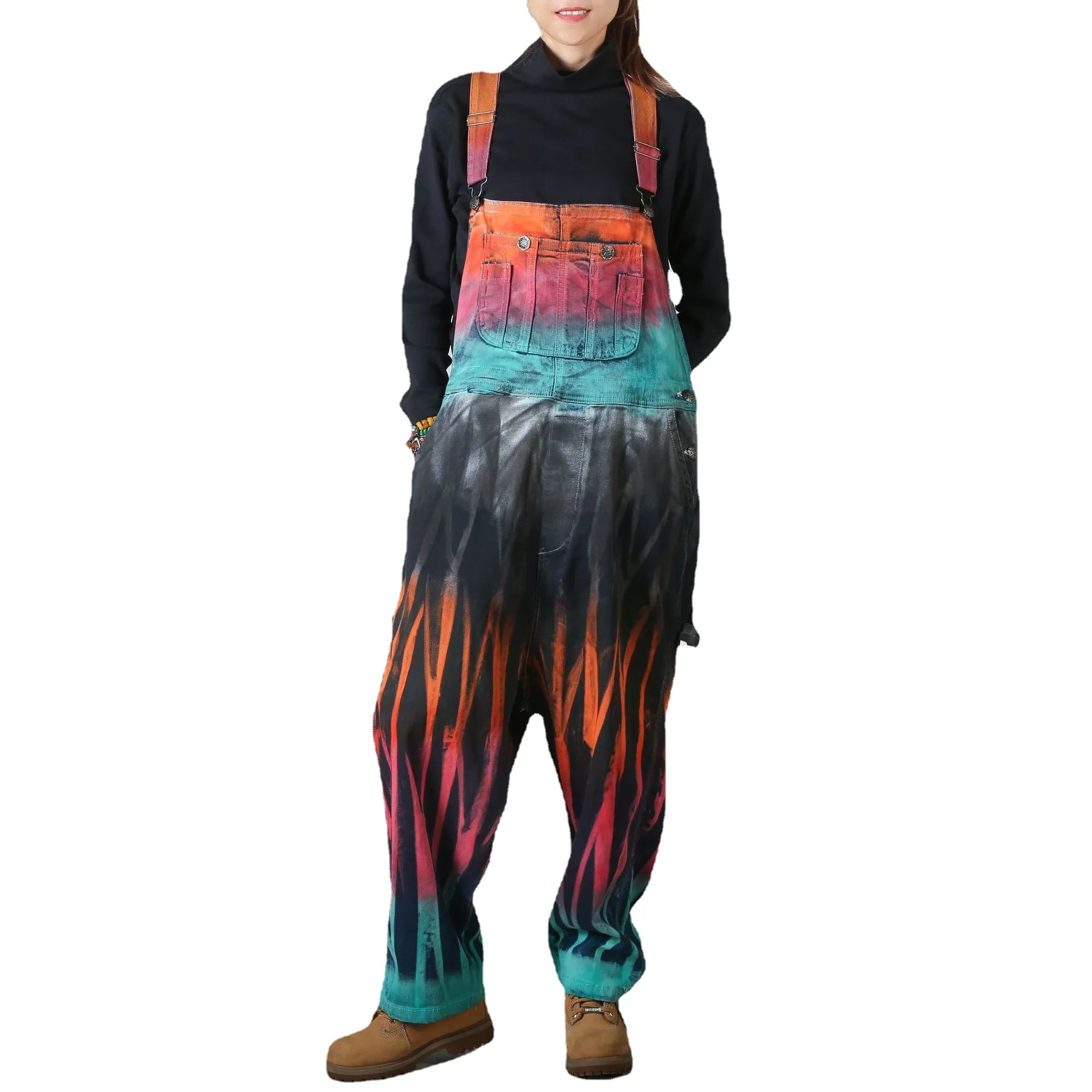 

Комбинезон женский джинсовый с большими карманами и широкими штанинами