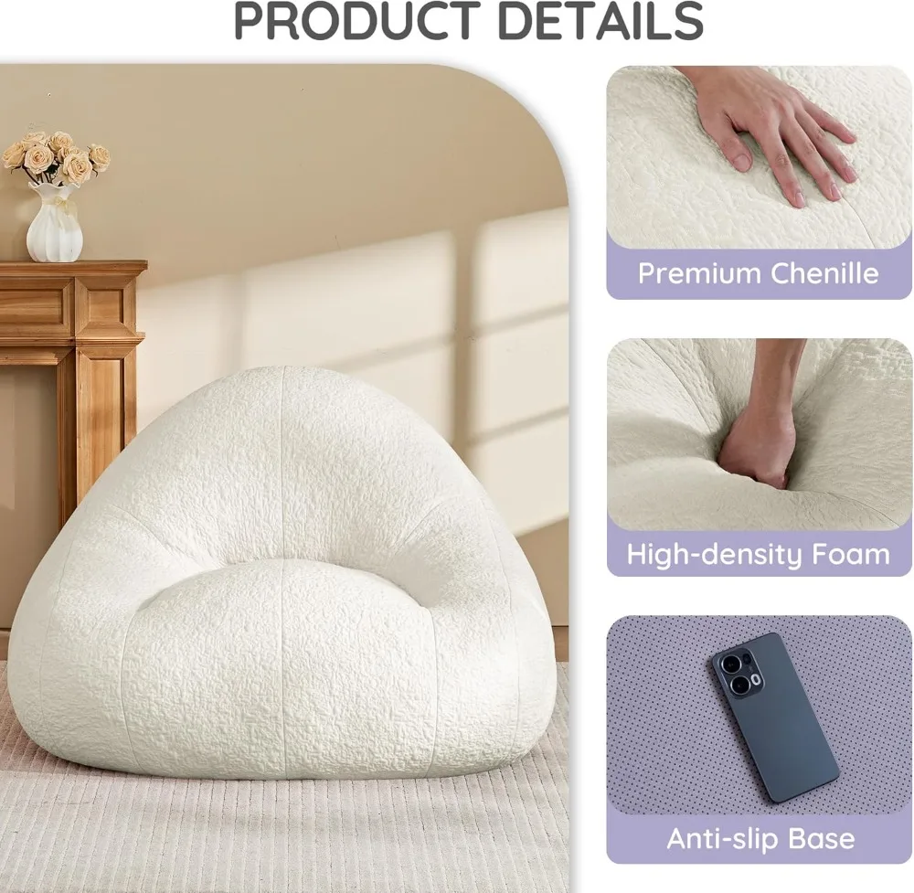 4FT Large Bean Bag Chair for Adults - Oversized Floor Sofa with Foam Filling, White