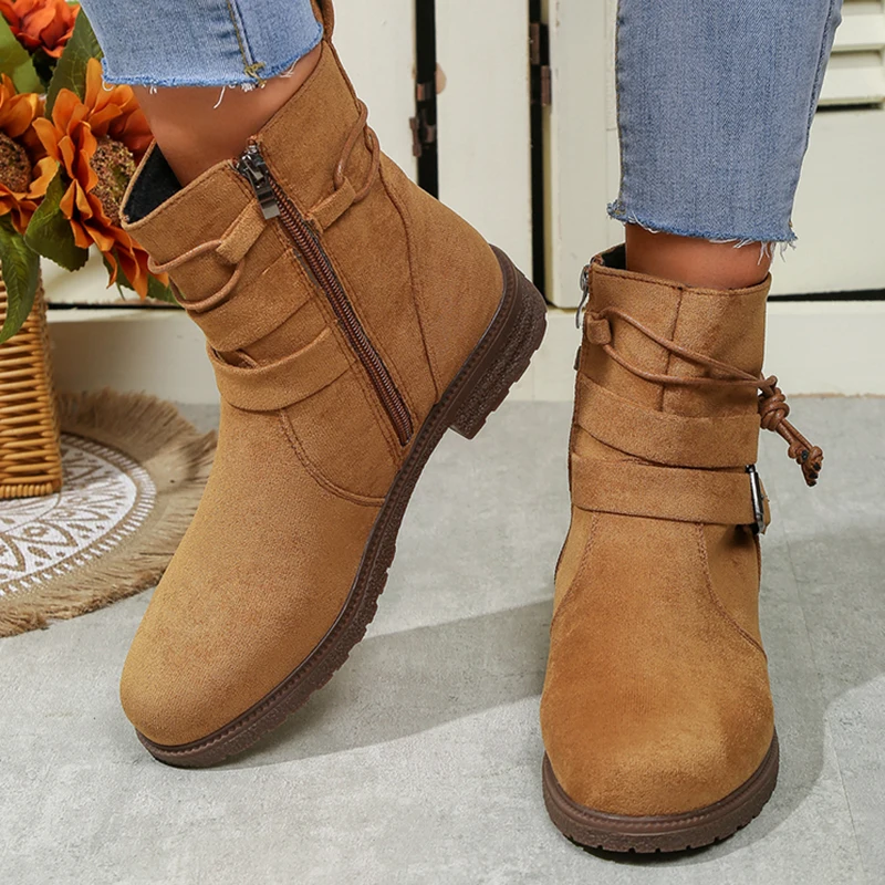 Fashion Women's Boots Suede and Calf Fashion Boots Fall Low Heel Foot Cover British Wind Platform Boots Large Size Women's Shoes
