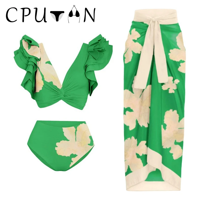 

CPUTAN 2024 Sexy 3 Pieces High Waist Bikini Set Swimwear Skirt Women Vintage Ruffle Print Swimsuit Beachwear Bathing Suit Dress