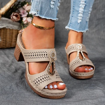 Women's Summer New Simple and Comfortable High Heels Sandals Rhinestone Decorate Slip on Fish Mouth Chunky Heel Beach Slippers