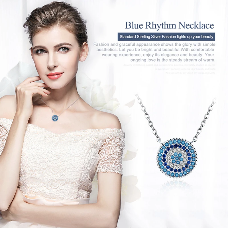 BAMOER Authentic 925 Sterling Silver Blue Evil Eyes Necklace Women