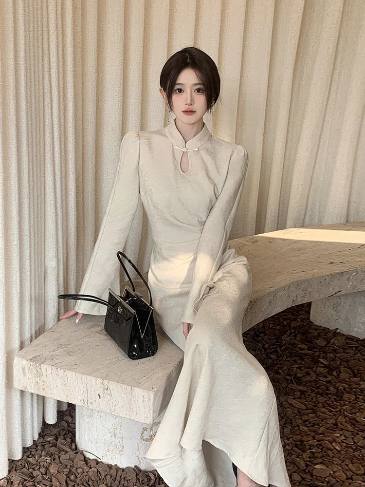 Large size 2024 new high-end women's banquet dress, Chinese style new stand up collar button up dress