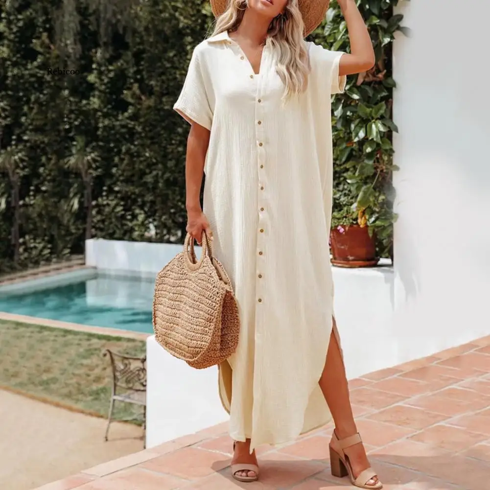 

Однотонная накидка на купальник, женское пляжное платье, однобортное свободное платье-рубашка, накидка для женщин, пляжный Халат