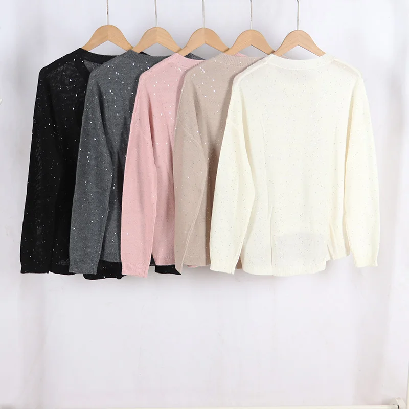 

Women Sequin Decoration Long Sleeve Knitted Sweater O-Neck Wool Blend Simple Autumn New 2023 Ladies Pullover Tops