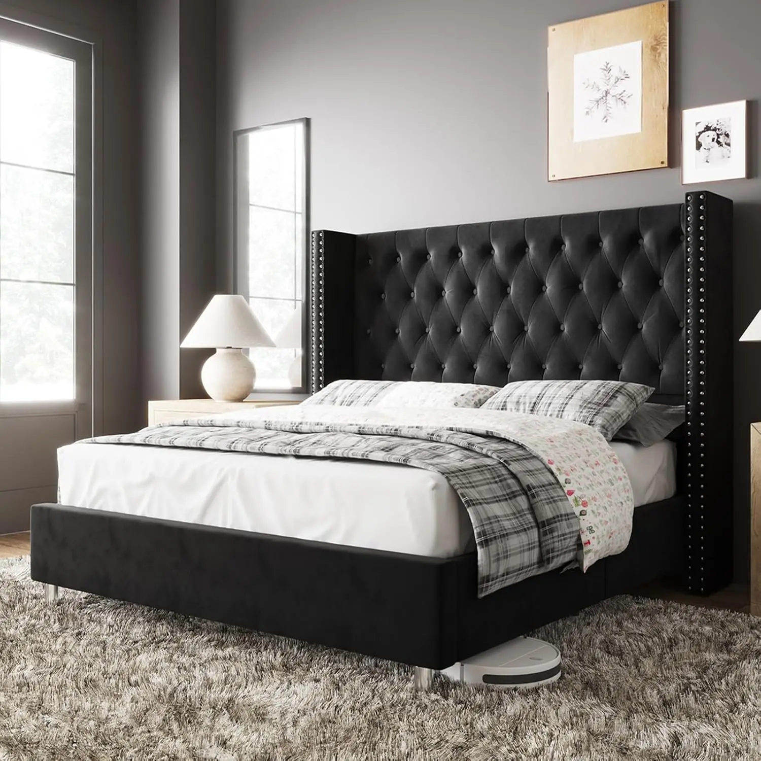 Wellington Velvet King Bed with Laser-Cut Headboard