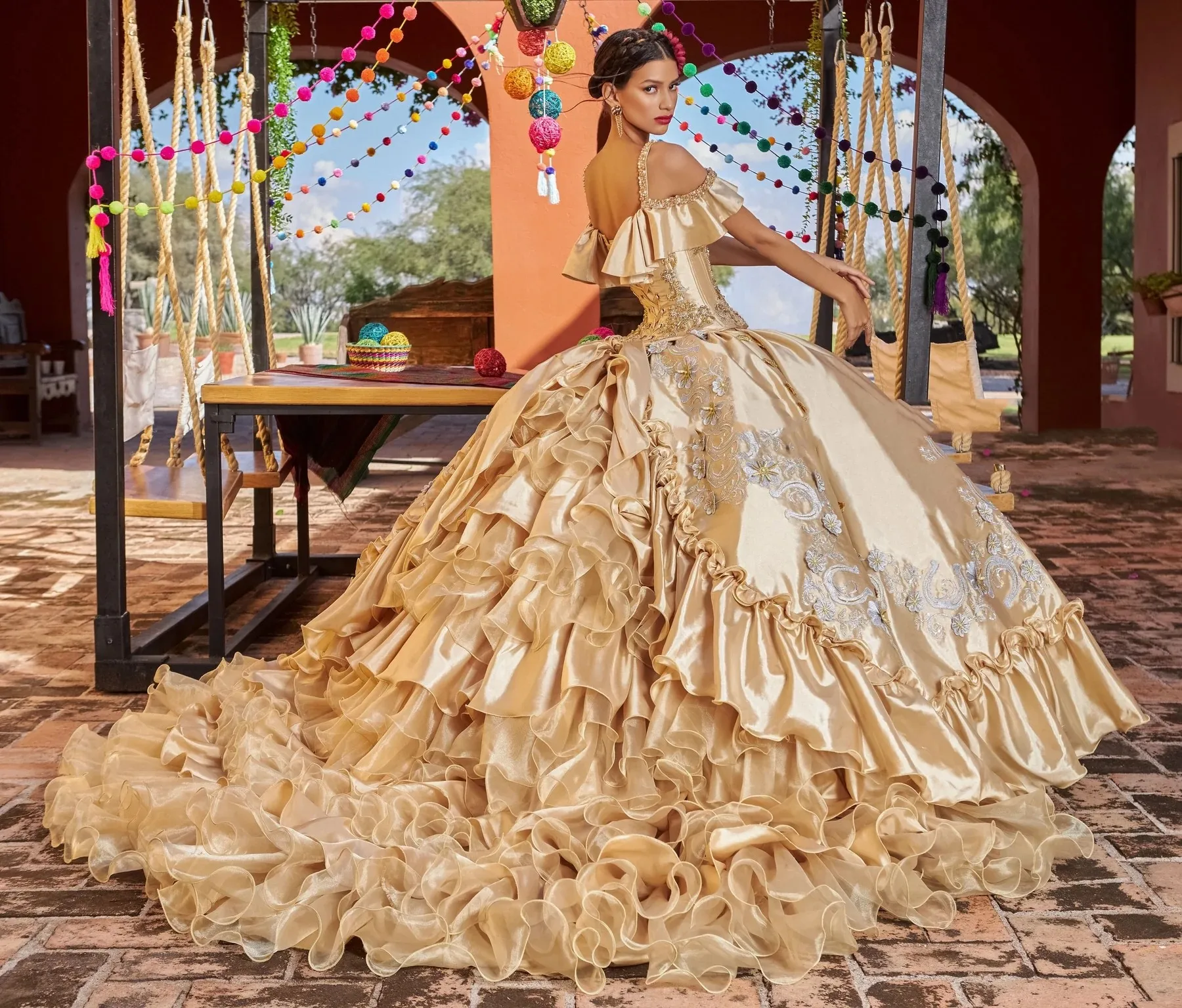 orange and gold quinceanera dresses Orange Bow-Tie Quinceanera Dresses Off the Shoulder Formal Gown AD1054 –  Viniodress main image 0