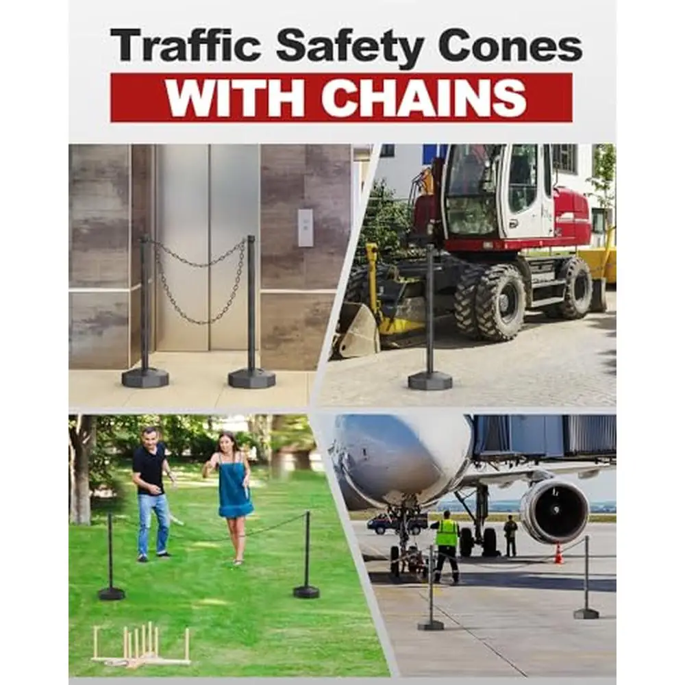 Traffic Safety Delineator Post Cones 4 Pack with Fillable Base & 8FT Plastic Chain Removable Portable Barrier Parking Lot Events