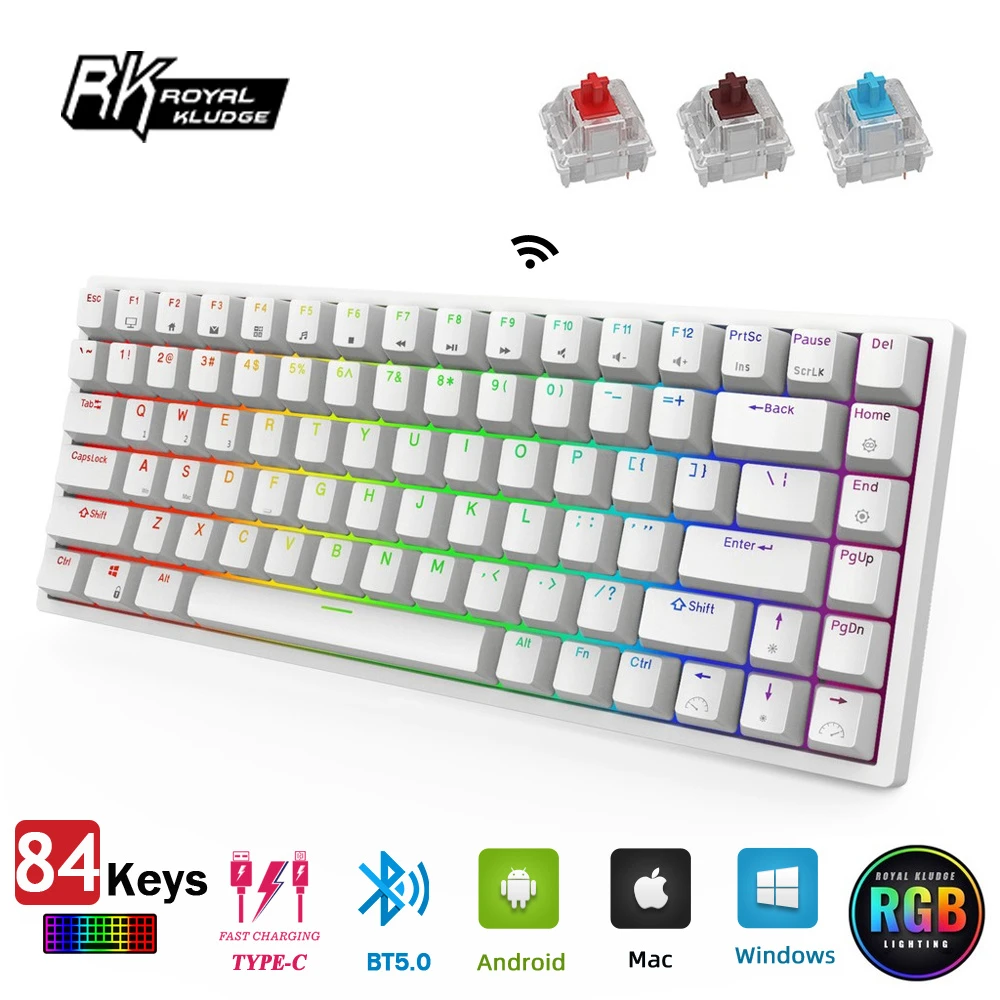 keyboard on pc RK ROYAL KLUDGE RK84 80% RGB Triple Mode BT5.0/2.4G/Wired Hot-Swappable Mechanical Keyboard, 84 Keys Wireless Bluetooth Gaming K white computer keyboard