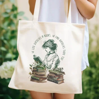 We Lose Ourselves in Books Librarian Tote Bag Book Lovers Ladies Elegant Shoulder Bag Large Capacity Canvas Bag Gift for Reading 1