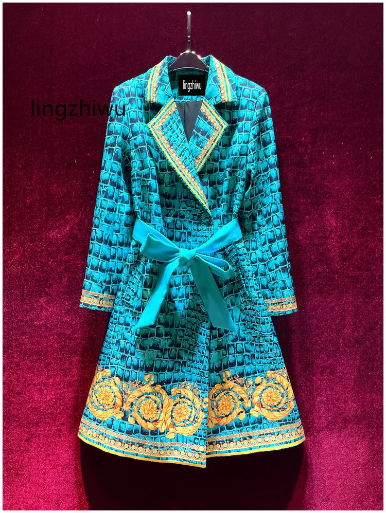 

lingzhiwu Print Trench Vintage Designer Medium Length Fancy Coat Outerwear Female 2024 Spring Top Quality New Arrive