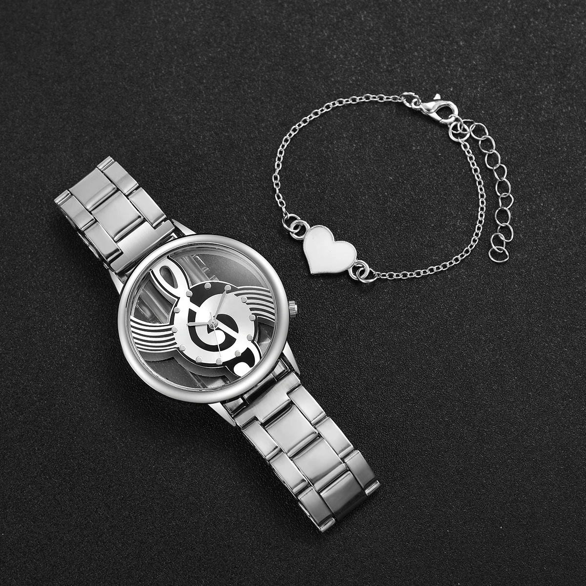 2PCS/Set Fashion Women's Watch Hollow-out Musical Note Dial Steel Band Quartz Watches Heart Bracelet Set 3