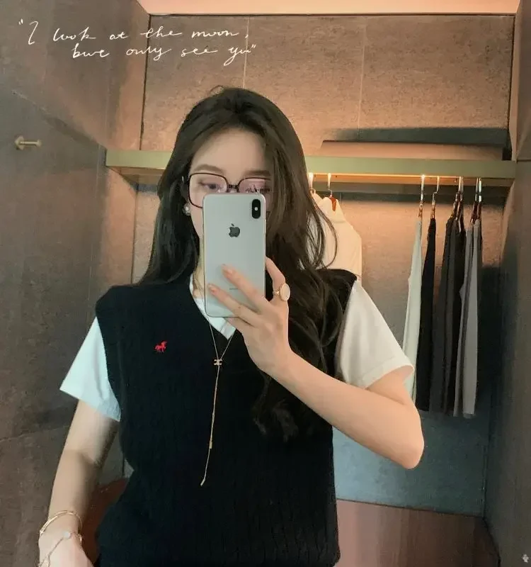 Sweater Cardigan Sleeveless Women Top Solid Sweater Knitted Vest Commuter Style Clothes Preppy Look Autumn Winter Woolly
