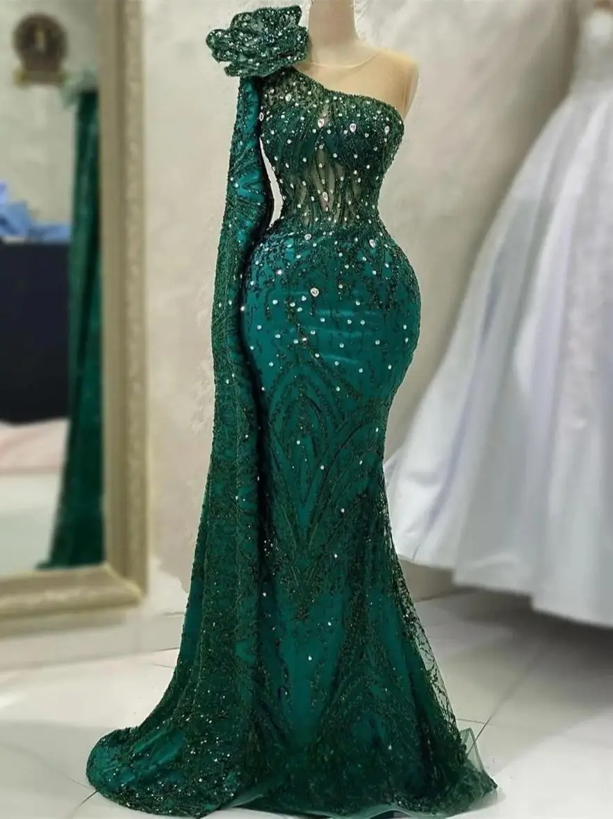 

Mermaid Prom Dresses Beaded Crystal One Shoulder Long Sleeve Evening Formal Party Second Reception Birthday Engagement Dresses
