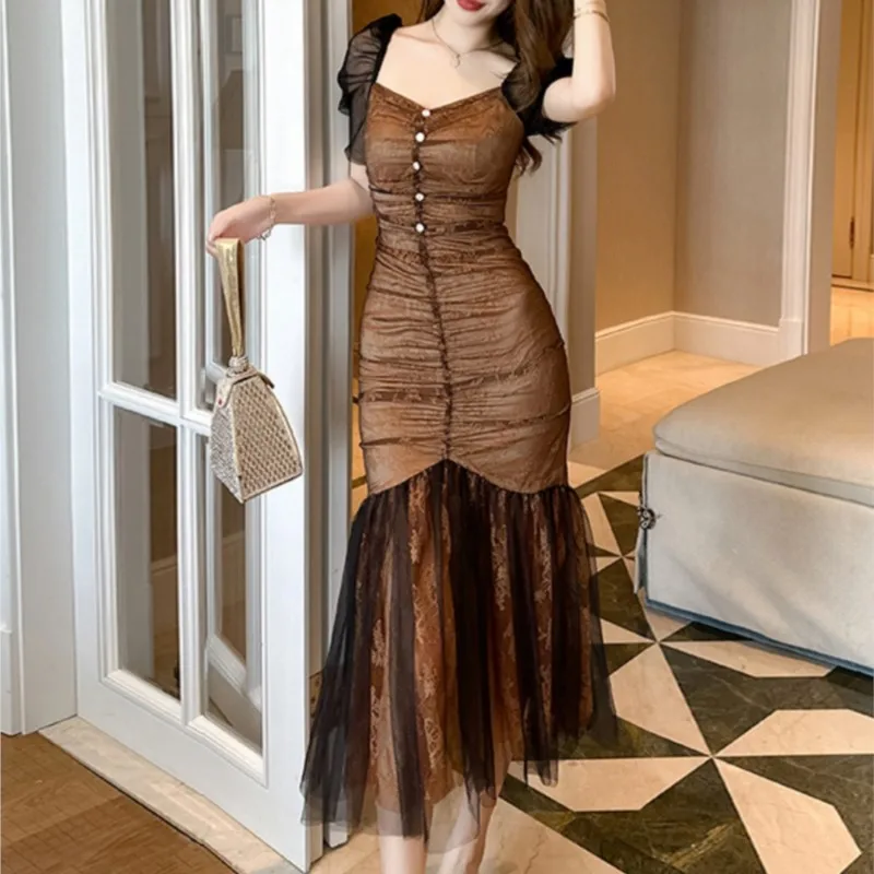 

Fishtail Dress Women's New Pleated Design Sense Niche Slimming Hip-Wrapped