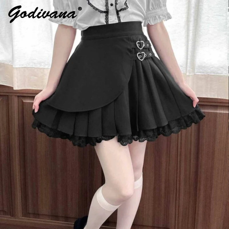 

2024 New Spring Japanese Mine Pleated Skirt Double-Layer Preppy Style Student Girls Ruffled Lace Short Skirts