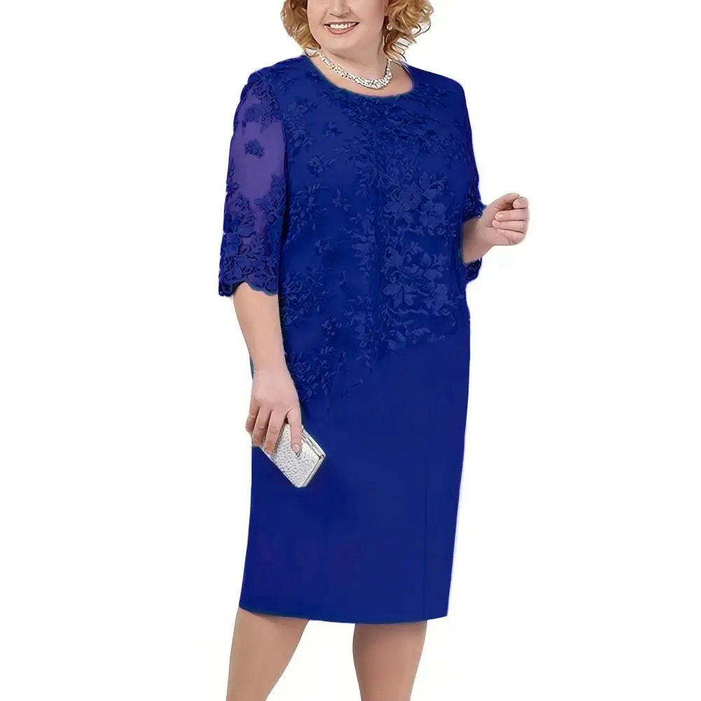 

Women Lace Dress Floral Embroidered Prom Dresses Elegant O-neck Half Sleeves Fake Two-piece Wedding Dress